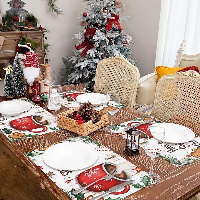 Christmas Placemats Set of 4,Have a Sweet Christmas Placemats Dining Table Mat Set,12x18 Washable Stain Resistant Wipeable Cloth Placemat for Kitchen Buffet Parties