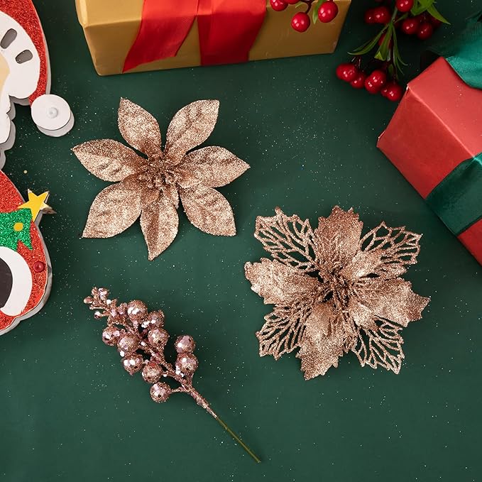 24Pcs Rosegold Glitter Poinsettia Christmas Tree Ornaments and Glitter Berries Stems, 16Pcs Christmas Artificial Flowers and 8 Pack Christmas Tree Picks for Wedding Holiday Decorations