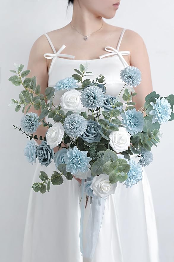 Artificial Flowers Combo Box Set Gradient Color Flower Leaf with Stems for DIY Wedding Bouquets Centerpieces Baby Shower Party Home Decorations(Dusty Blue)