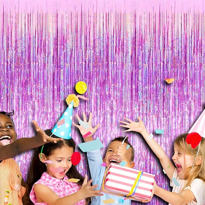 4 Pack Pink Tinsel Foil Fringe Curtain Backdrop, 3.28Ft x 8.2Ft Metallic Streamers for Photo Booth Props Wedding Bridal Shower Bachelorette Birthday Halloween Christmas Party Decoration