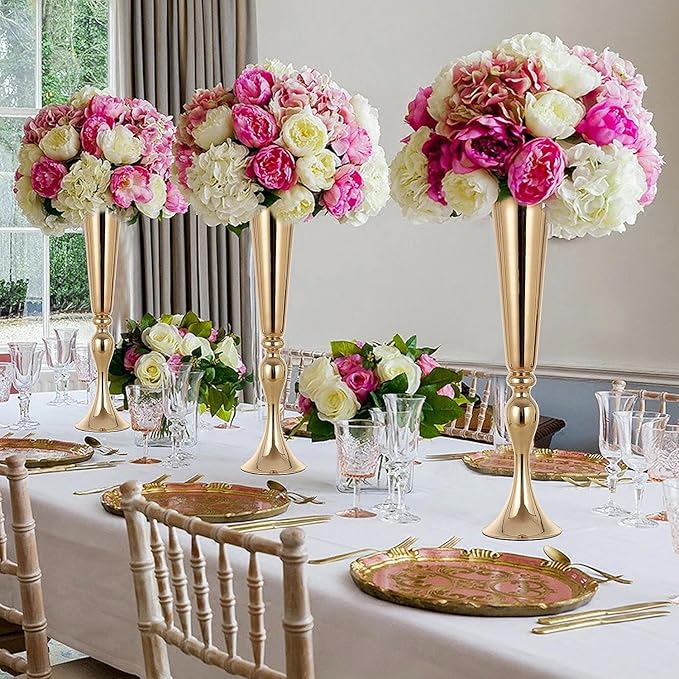 Set of 2 Metal Trumpet Vases for Table Centerpieces, Anniversary Celebration Wedding Party Dinner Table Centerpieces, Wedding Decorations, 21.9"/55.5cm Gold Vases