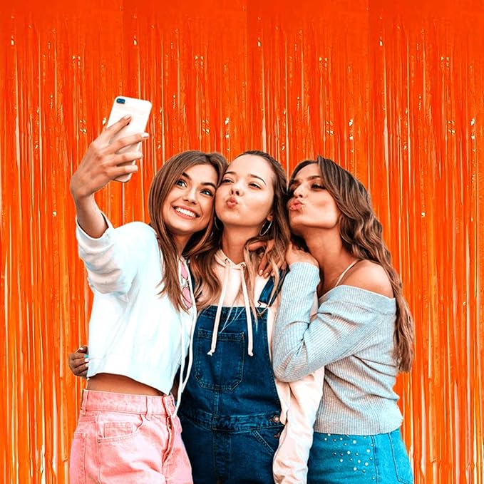 4 Pack Macaron Orange 8.2Ft Tinsel Foil Fringe Curtain Backdrop, 3.28Ft Metallic Streamers for Photo Booth Props Bachelorette Birthday Halloween Christmas Party Decoration