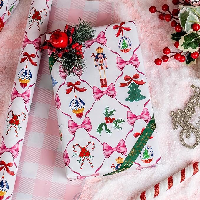 MAYPLUSS Christmas Wrapping Paper Roll - 17IN X 33FT - White Nutcracker Wrap Paper Featuring Christmas Tree Bell Bow Holly Candy Cane Reversible Plaid for Girl, Holiday, New Year