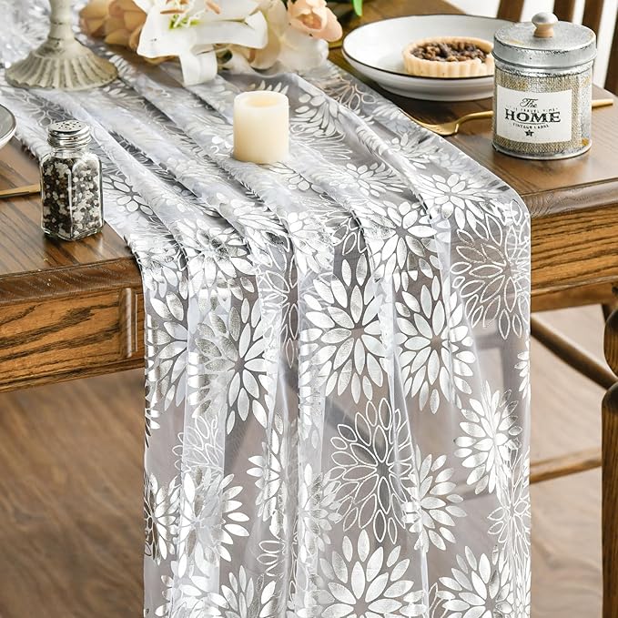 Artoid Mode White Silver Dahlia Flower Gauze Table Runner 120 Inch 10FT, Glitter Metallic Foil Seasonal Sheer Dining Holiday Table Decor for Home Party