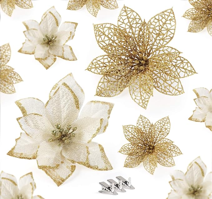ilauke 24Pcs Gold Poinsettias Artificial Christmas Flowers, 6" Glitter Artificial Christmas Flowers with 30 Clips, for Xmas Tree Decorations Wedding Party Fireplace Stairs Decor