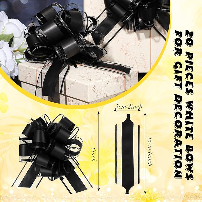 WILLBOND 20 Pieces 6 Inch Pull Bows Gift Wrapping Ribbon Pull Bows for Christmas Wedding Baskets Valentine Multicolor Wrap Accessory for Gift Present Holiday Decor(Solid Black)
