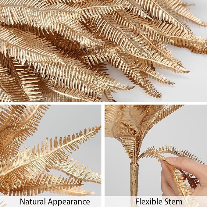 Artificial Gold Ferns Christmas Spray Fake Leave Flower Plant 4 Pcs Faux Floral Boho Decor for Thanksgiving Christmas Wedding Party Bouquet Home Farmhouse Vase Centerpieces