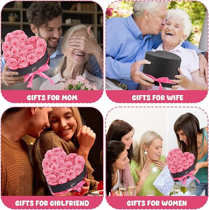 Forever Flowers, 16 Fresh Preserved Rose in Heart Shape Box, Eternal Rose for Her Birthday Pink