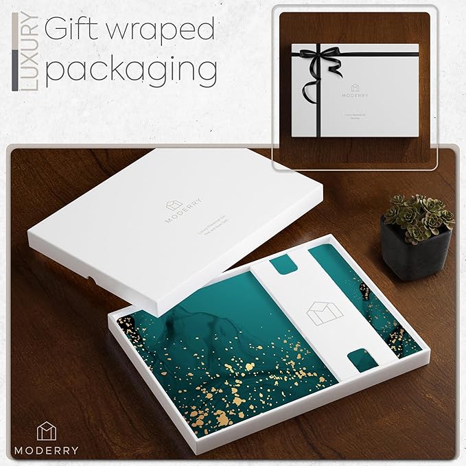 Set of 4 Heat Resistant Cork Placemats for Dining Table with Free Set of 4 Matching Drink Coasters Deep Green and Gold Design 16 x 12 Inches Cork Backed Hard Placemats (Green Serenity)