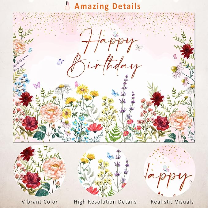 Wildflower Happy Birthday Backdrop Banner Girls Floral Birthday Decorations,Spring Watercolor Wild Flower Bday Background Women Girls Wildflower Theme 1st Birthday Party Decor Photo Booth Props 10x7ft