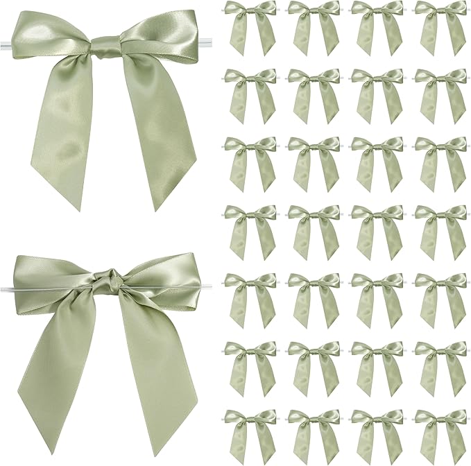 Sage Green Satin Ribbon Twist Tie Bows 5 Inch Pre-Tied Dusty Sage Gift Bows for Crafts, Treat Bags, Party Favors, Wedding, Baby Shower, Candy Apple, Christmas (36 Pack)