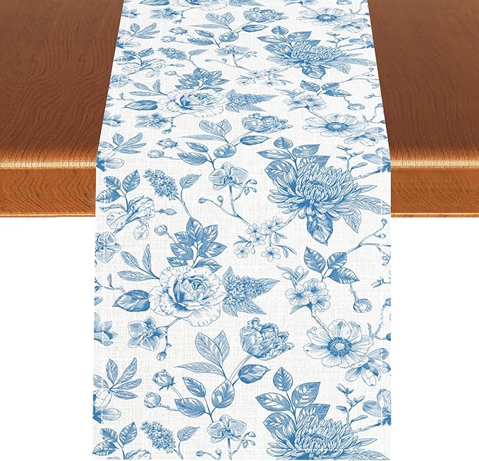 Blue Floral Table Runner, Spring Summer Sketch Wildflower Vintage Country Farmhouse Coffee Table Center Decor for Home Kitchen Dining Patio Holiday Party Table Decorations 13x72 inches