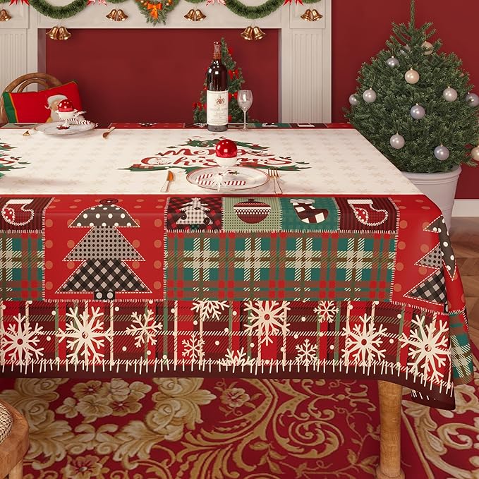 Christmas Rectangle Table Cloth,100% Waterproof Tablecloth,Christmas Decorations for Home, Vinyl Tablecloth Plastic Table Cover for Party，Picnic,Dining,Outdoor 52" x 70",Christmas Trees