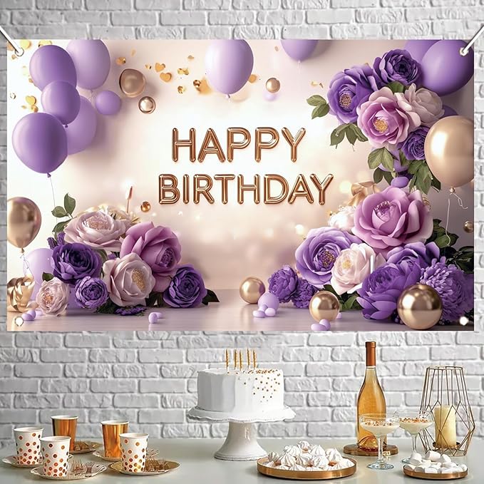Purple Gold Happy Birthday Backdrop Banner Elegant Flowers Balloons Photography Background Glitter Birthday Decorations for Women Girls Party Supplies Photo Booth Props 71x43 Inch