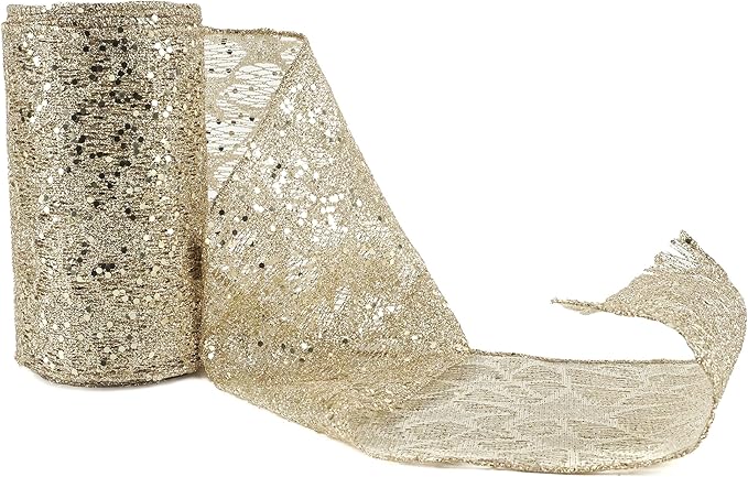 MEEDEE 6 Inch Wide Wired Ribbon Champagne Gold Glitter Mesh Web Wired Edge Ribbon by 10 Yards Roll Champagne Mesh Wired Ribbons for Christmas Tree, Garland, Wreaths, Bows, Centerpiece, Gift Wrapping