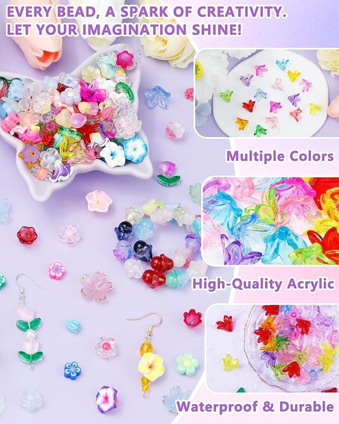 FIVEIZERO 200PCS Acrylic Lily Flower Beads, 16 Colors Trumpet Bell Floral Bead Charms for Bracelets, Necklaces & DIY Jewelry Making Crafts