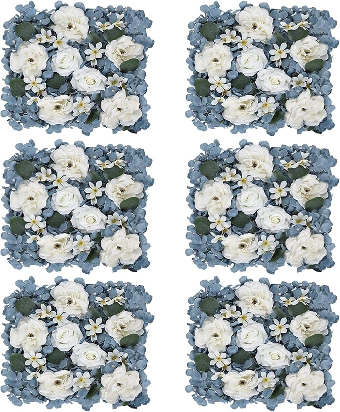 Pack of 6 Artificial Silk Flower Panels, Faux Floral Wall Background for Wedding Party Engagement Bridal Shower Arrangement Home Decorations - Dusty Blue & White