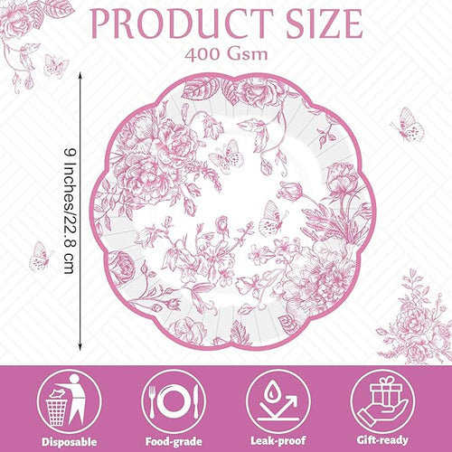 100 Pieces Pink Floral Paper Plates 9 Inches Disposable Pink and White Flower Scalloped Plates Vintage Floral Dinner Dessert Decorative Plate for Wedding Baby Shower Birthday Party Supplies