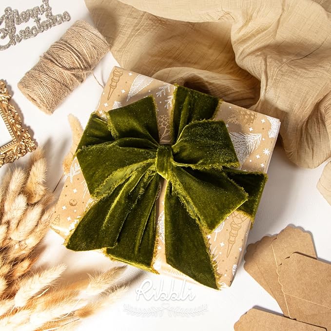 Ribbli Moss Green Velvet Ribbon 2 Inch Handmade Frayed Vintage Christmas Ribbon for Gift Wrapping Christmas Tree Ornament Wreath Craft Home Decor -3 Yards