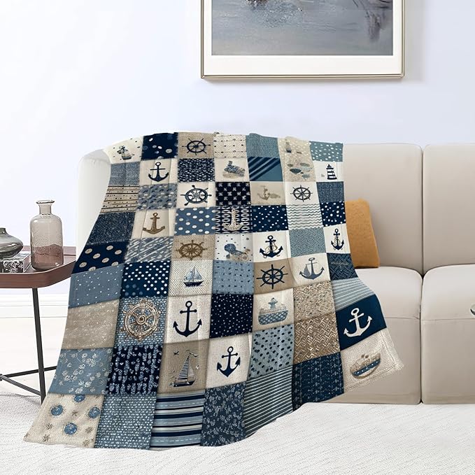 Nautical Blanket Ocean Sea Throw Blanket Sailboat Anchor Soft Cozy Fleece Fuzzy Stuffed Plush Flannel Gifts for Girls Women Boys Kids Adults 50"X60"
