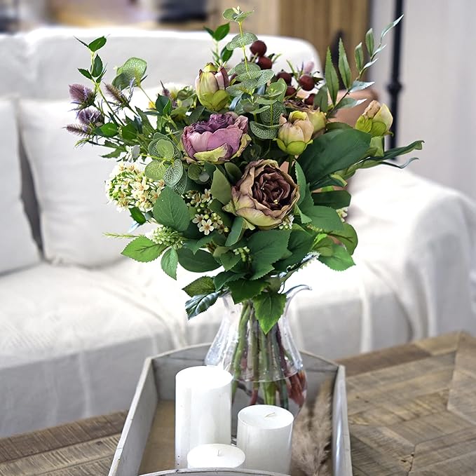 FiveSeasonStuff Vintage Walnut Brown Peonies – Realistic Artificial Silk Flowers with Dry-Look Petals, 6 Stems for Rustic Home & Wedding Floral Arrangements