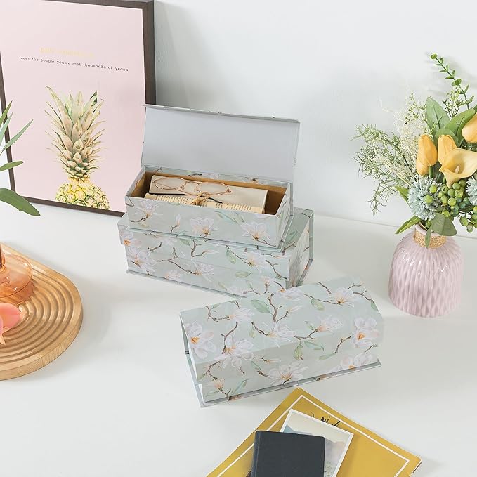 Soul & Lane Decorative Storage Boxes with Lids, Set of 3 Cardboard Boxes for Home Décor and Documents, Memory Organizers for Keepsakes with Magnetic Closure, Photo Storage, Ethereal Blossom