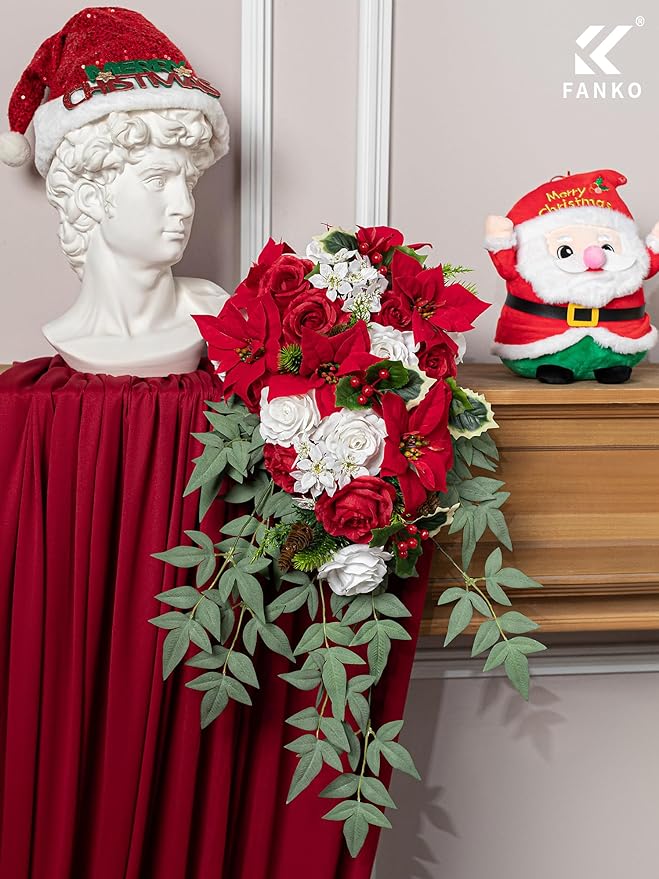 FANKO Christmas Artificial Flowers Rose: Red Poinsettias Artificial Fake Silk Red & White Rose Combo Set for DIY Tree Decor Xmas Wreath Floral Arrangements Centerpieces