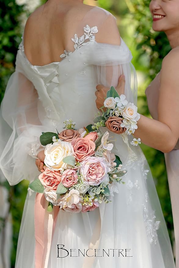 10 Inch Dusty Rose Bridal Bouquet,Wedding Bouquet, Bride Bouquets for Wedding Ceremony Anniversary, Party and French Rustic Vintage Wedding,Artificial Flowers