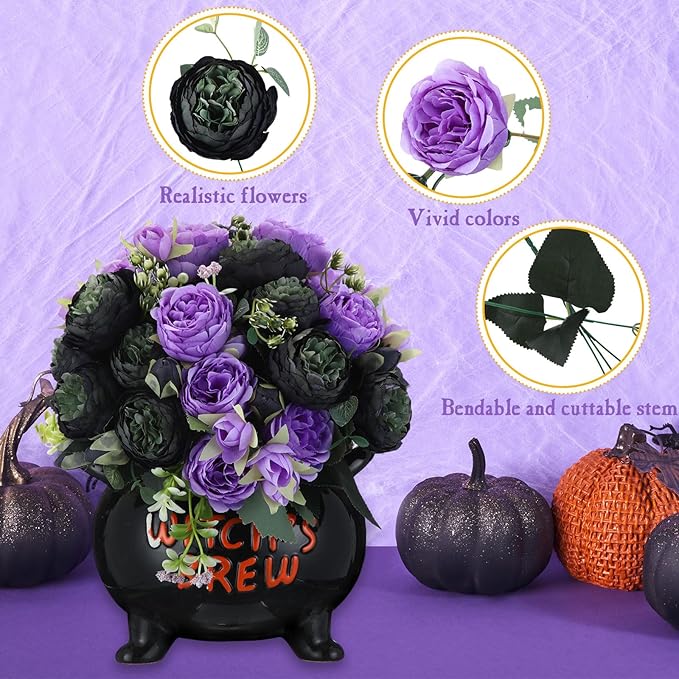 Geosar 8 Bundles Artificial Peonies Flowers Fake Silk Peony Bouquet Faux Peonies Flowers Bulk for Decoration Vase Floral Arrangements Wedding Party Table (Black,Purple)