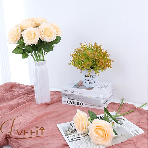 12pcs Artificial Rose Flower Champagne Flower with Long Stem Silk Roses Bouquet for Wedding Bridal Shower Party Home Decoration
