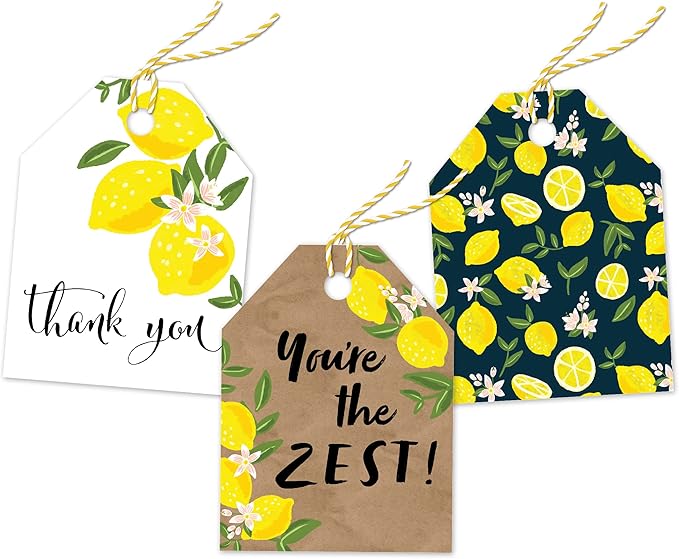 Pro Supply Global 24 Count of 2.5 Inch x 3 Inch Pre Strung Lemons Gift Tag Assorted Printed Designs on Large Cardstock Gift Hang Tags - Ideal to Use on Bags
