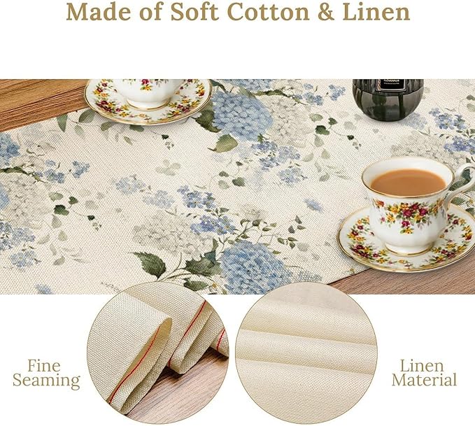 Blue Floral Table Runner, Spring Summer Watercolor Hydrangea Flower Butterfly Country Farmhouse Coffee Table Center Decor for Home Kitchen Dining Patio Holiday Party Table Decorations 13x108 inches