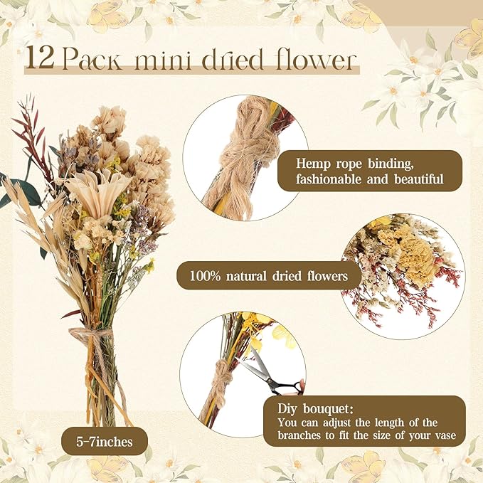 Layhit 12 Pack Boho Dried Flower Bouquet Mini Wedding Handmade Dry Flowers Decor for Vase Crafts DIY Photo Boutonniere for Men Floral Plant for Bridesmaid Gift Birthday Decor(Bright)