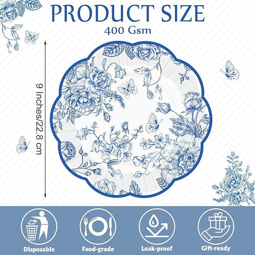 100 Pieces Blue Floral Paper Plates 9 Inches Disposable Blue and White Flower Scalloped Plates Vintage Floral Dinner Dessert Decorative Plate for Wedding Baby Shower Birthday Party Supplies