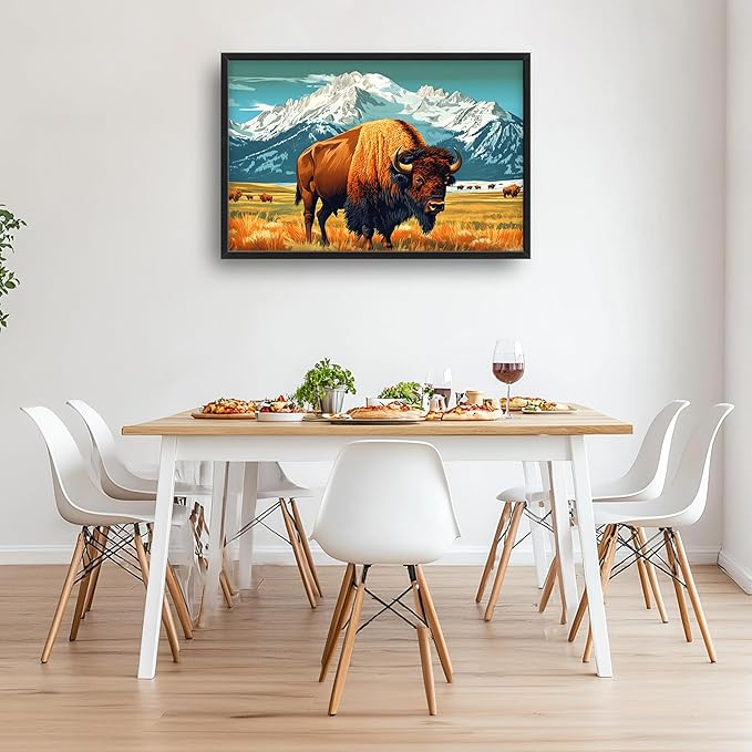 Bison Cow Large Decor Framed Wall Art Western Mountain Pictures for Living Room, Animal Oversized Canvas Print Painting Modern Extra Large Framed Artwork for Bedroom Office Home Decor 36"x24"