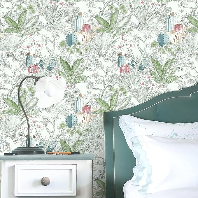 Wudnaye Boho Peel and Stick Wallpaper Catus Wallpaper 17.7" x 236.2"Vintage Floral Wallpapers Peel and Stick Botanical Removable Wall Paper Boho Self Adhesive Contact Paper for Bathroom Cabinets