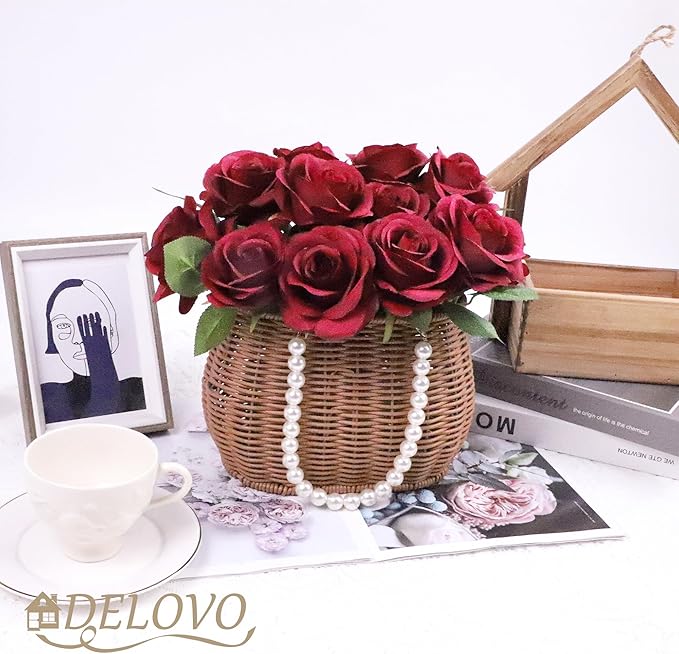 DELOVO 52pcs Burgundy roses artificial flowers Fake Flowers silk roses with Stems for DIY Wedding Bouquets Bridal Shower Centerpieces Arrangements Party Decorations