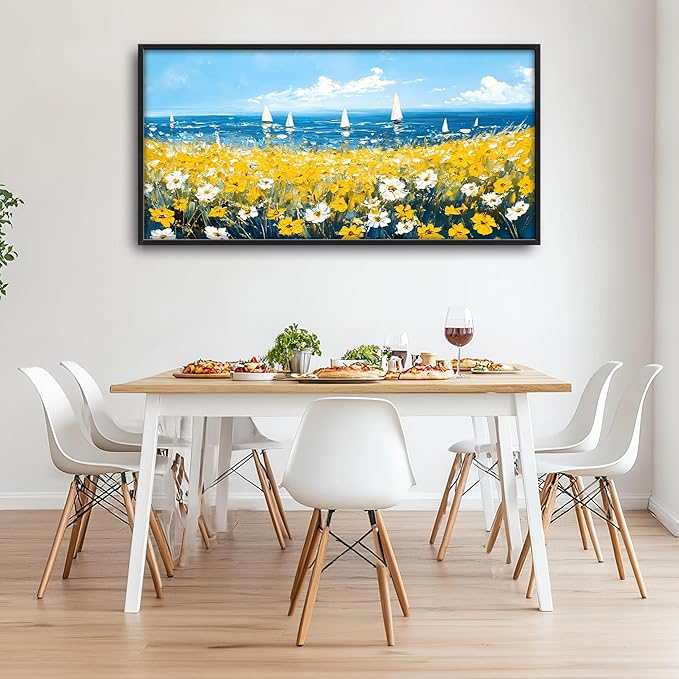 Coastal Flowers Large Wall Art Framed Blue Wall Decor for Living Room Ocean Sailboat Pictures Oversized Canvas Print Painting Modern Extra Large Framed Artwork for Bedroom Office 60"x30"