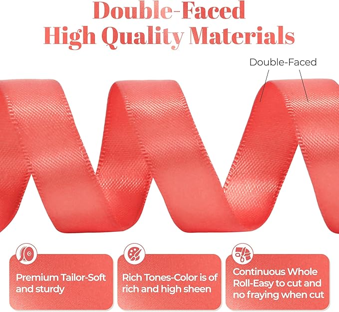 Coral Satin Ribbon, Double Faced 1/2 Inch X 25 Yards Coral Ribbon, for Gift Wrapping, Crafts, Hair Bow Making, Sewing, Flower Bouquet, Wedding Party Decor