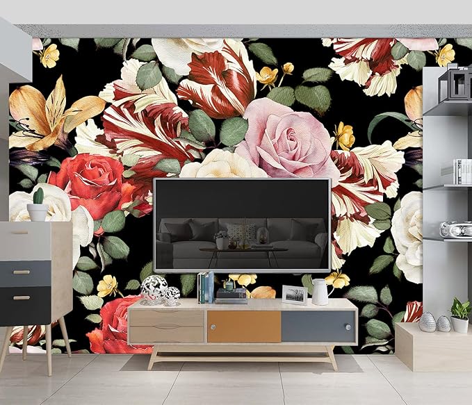 Black Rose Floral Wallpaper Botanical Flowers Leaf Bedroom murals Aesthetic Room Decor Living Room tv Background Large Wall Mural - 160"x108" Not Peel and Stick