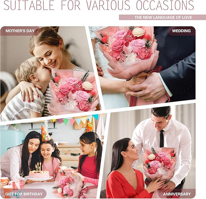 Preserved Flowers for Delivery, Pink Flower Bouquets with Necklace, Forever Real Roses Anniversary Birthday Gifts for Women Mom Wife Girlfriend, Fresh Flowers for Valentines Day Christmas