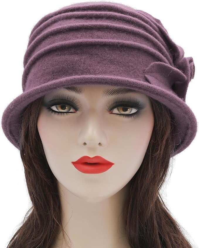 ZLYC Women Wool Cloche Bucket Hat 1920s Vintage Dress Winter Hats with Flower Accent