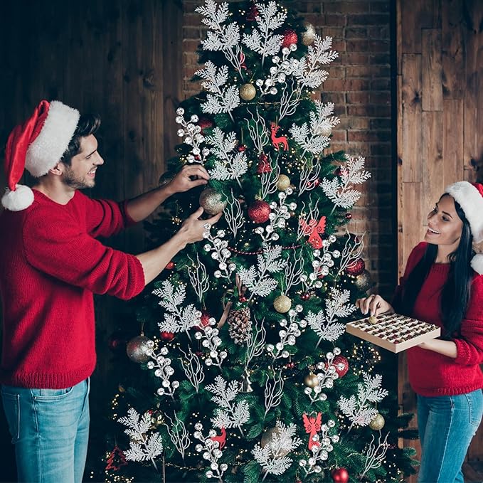 75 Pcs Christmas Glitter Branches 3 Styles Artificial Christmas Picks Berries Stems Pine Needles Floral Twig Spray for Xmas Tree Ornaments DIY Wreath Garland(Silver)