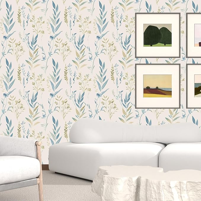 Beige Floral Leaf Peel and Stick Boho Removable Blue Green Botanical Wallpaper 17.5" x 118" Light Mural Waterproof Contact Paper for Walls Bedroom Bathroom Cabinet Room Decor