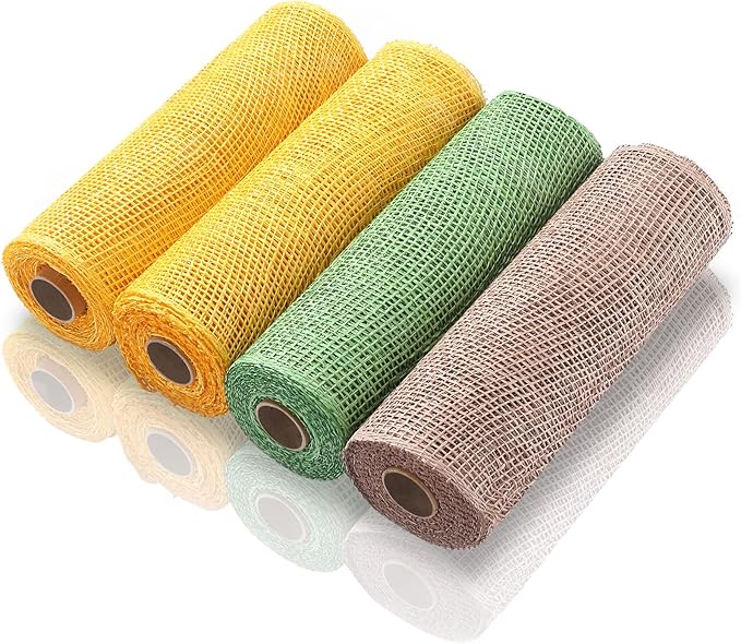 Chuangdi 4 Rolls Spring Summer Poly Burlap Mesh Poly Burlap Deco Ribbon Mesh Roll for Easter DIY Flower Wreath Garland, 10 Inch