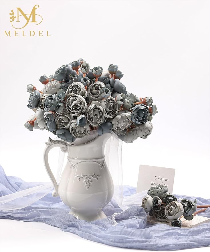 Meldel 32Pcs Ranunculus Artificial Flower, Dusty Blue Mini Rose Faux Ranunculus Flowers for DIY Bouquet, Bulk Fake Peony Wedding Filler Flowers for Centerpieces Arrangements Bridal Shower Decorations