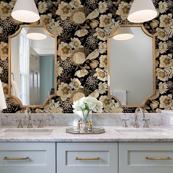 Floral & Birds Peel and Stick Wallpaper Antique Gold Black Self Adhesive Removable Floral Wallpaper for Bedroom Renter Friendly Floral Contact Paper for Bedroom Bathroom Walls Shelf Liner 17.7"x236.2"