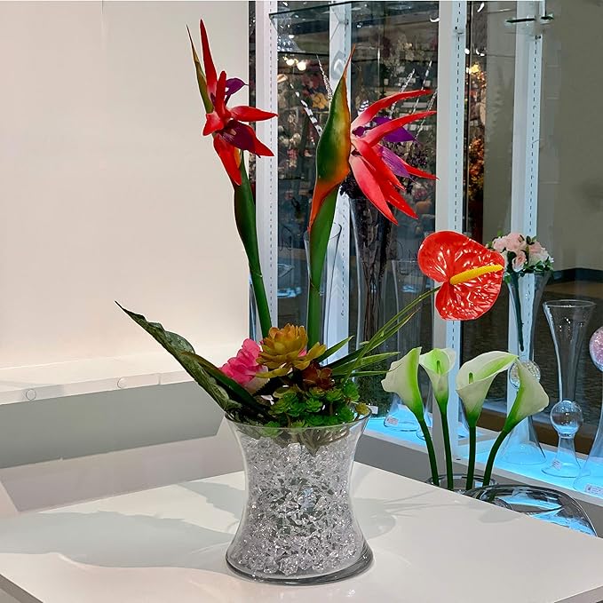 WGV Unique Bouquet Vase Bulk, 7" W, 7" H, Clear Short Hurricane Concaved Neiman Glass Floral Container, Home Wedding Event Decor, 8 Pieces (VHV0707)