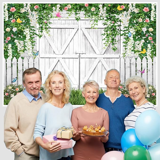 AOFOTO White Barn Door Floral Backdrop 10x7ft Spring Garden Background Banner Green Leaves Flowers Butterfly Wooden Door Backdrops Birthday Bridal Shower Wedding Banner Photo Booth Studio Props
