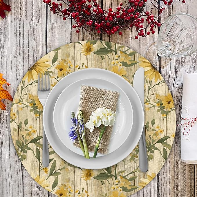 Flower Round Placemat Set of 4 Elegant Linen Table Mats for Dining, Heat Resistant, Stain Resistant Perfect for Dinner Parties, Restaurants, and Everyday Use